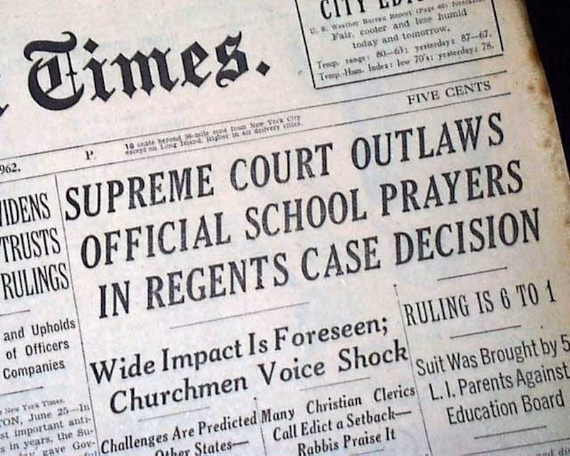 Newspaper announcing the verdict of the Engel v. Vitale case